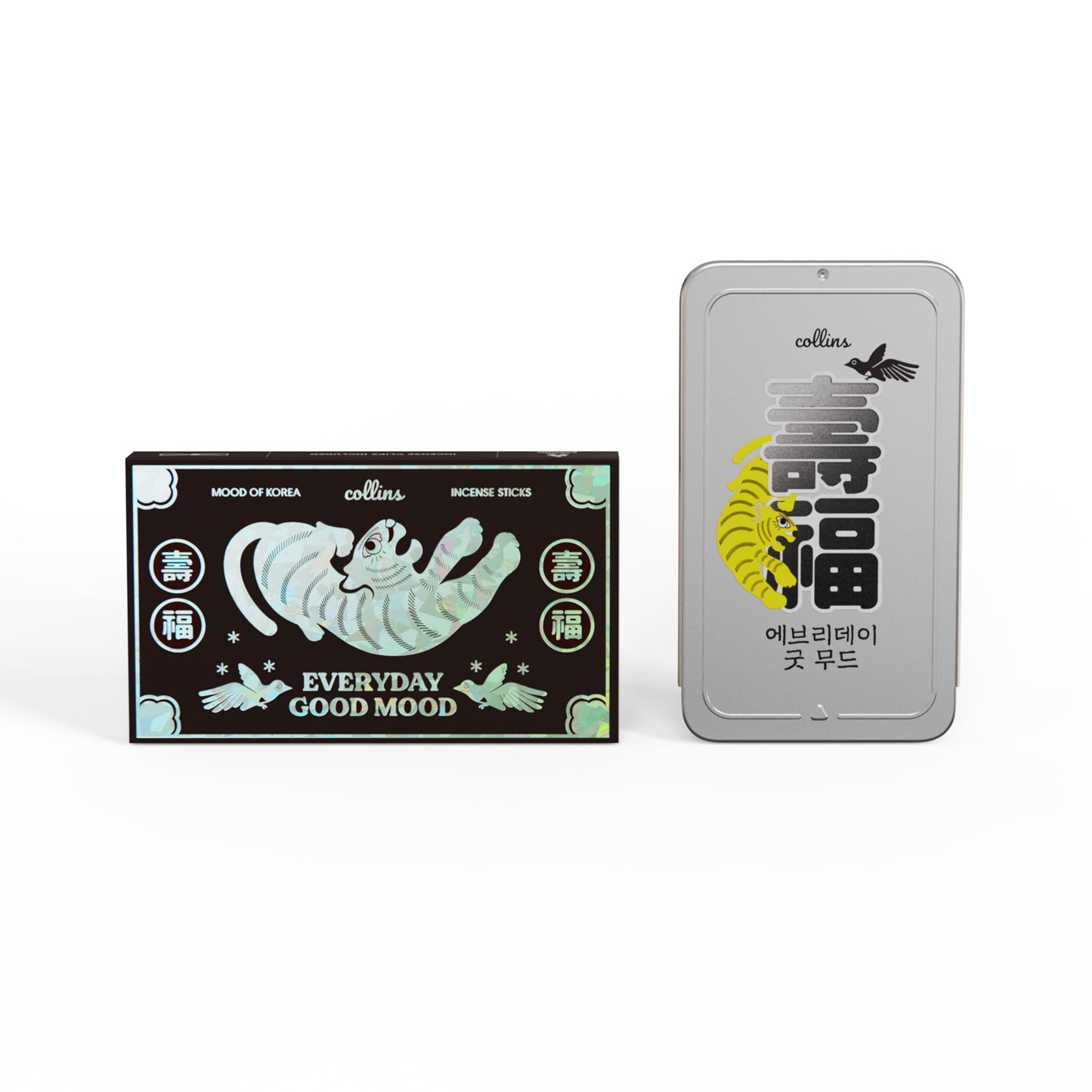 A tin of Collins natural incense sticks in korea edition scent standing upright with packaging next to it.