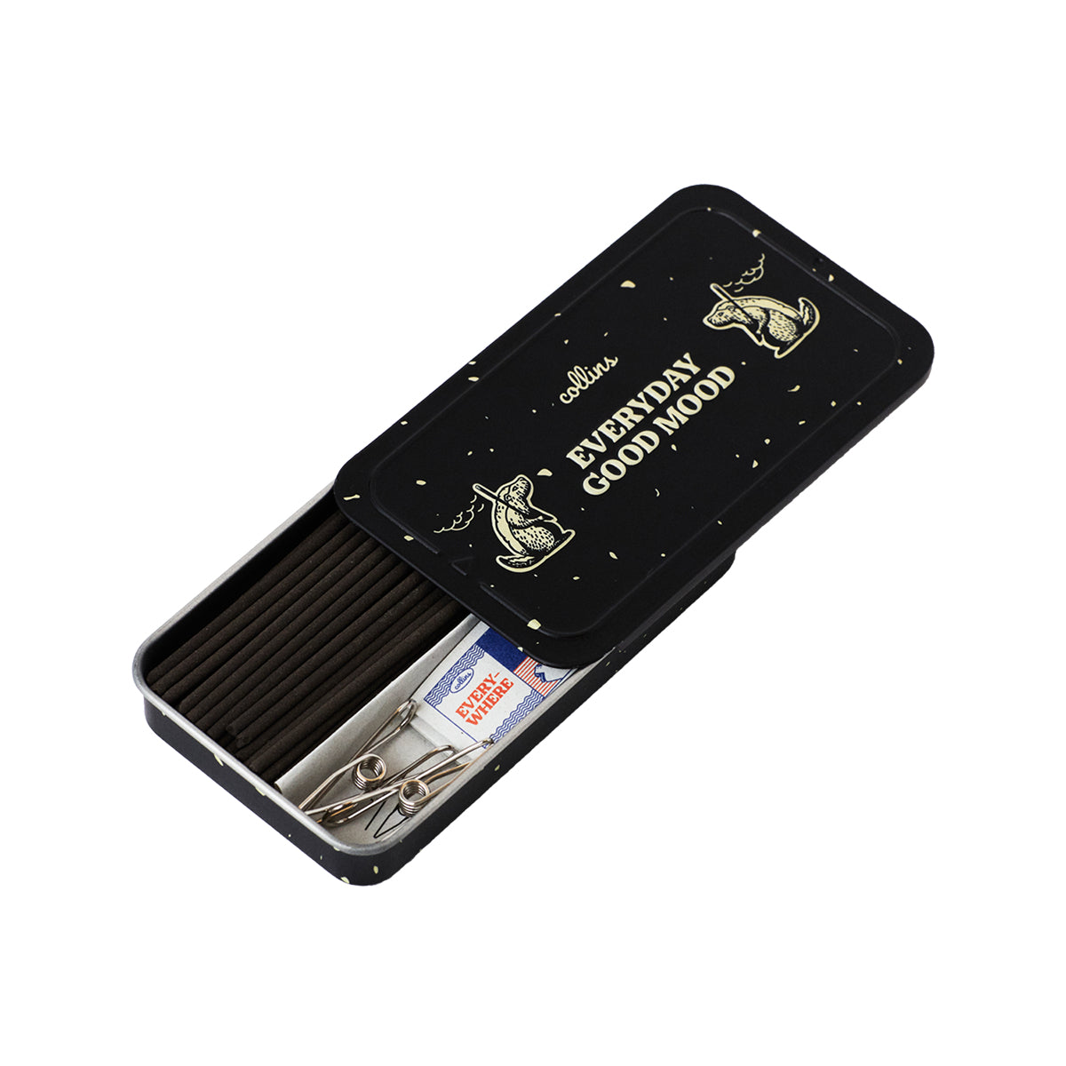 Collins 'Room No.11' natural incense sticks in open metal tin on white background
