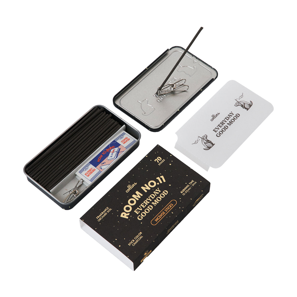 Collins 'Room No.11' natural incense with steel clip holding incense on metal lid and packaging