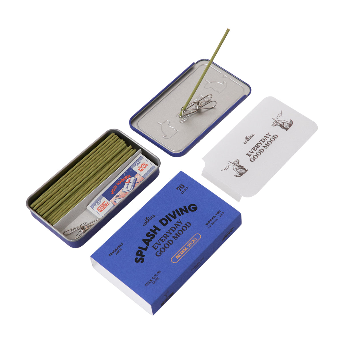 Collins ''Splash Diving' natural incense with steel clip holding incense on metal lid and packaging