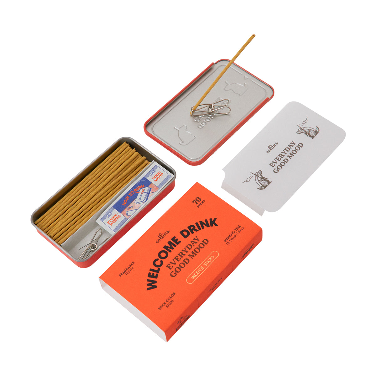 Collins 'Welcome Drink' natural incense with steel clip holding incense on metal lid and packaging