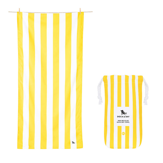 Dock and Bay boracay yellow XL striped beach towel open and canvas pouch