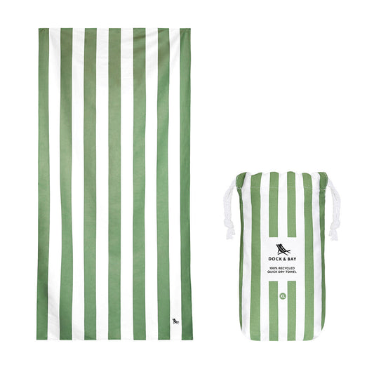 Dock and Bay cayman olive XL striped beach towel open and canvas pouch