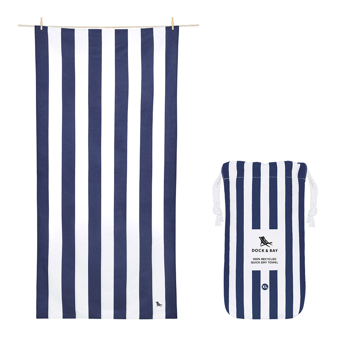Dock and Bay whitsunday blue XL striped beach towel open and canvas pouch