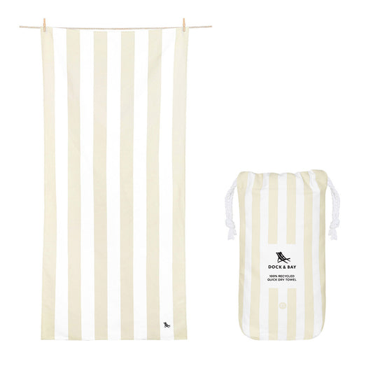 Dock and Bay bora bora beige XL striped beach towel open and canvas pouch