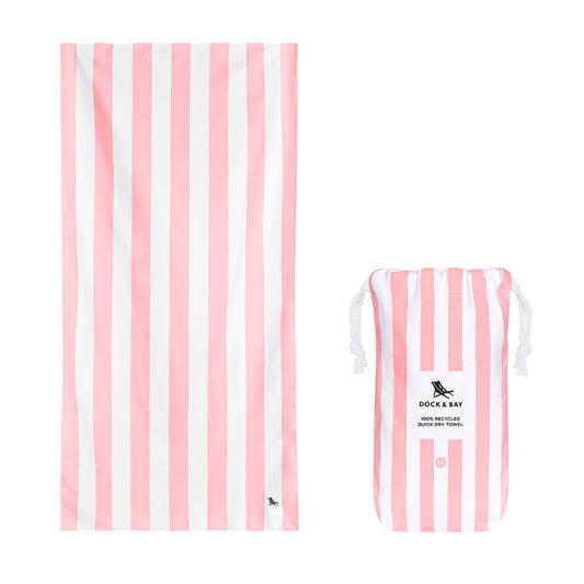 Dock and Bay malibu pink XL striped beach towel open and canvas pouch
