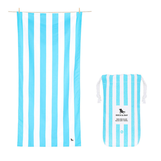 Dock and Bay tulum blue XL striped beach towel open and canvas pouch