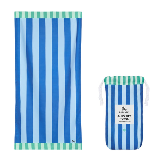 Extra large Blue sky towel with pouch from Dock & Bay beach towel XL Blue Sky - oversized quick-dry multicoloured stripe towel, recycled microfiber blend (83% polyester, 17% polyamide), sand-resistant, lightweight, compact, 200x90cm with matching storage pouch.