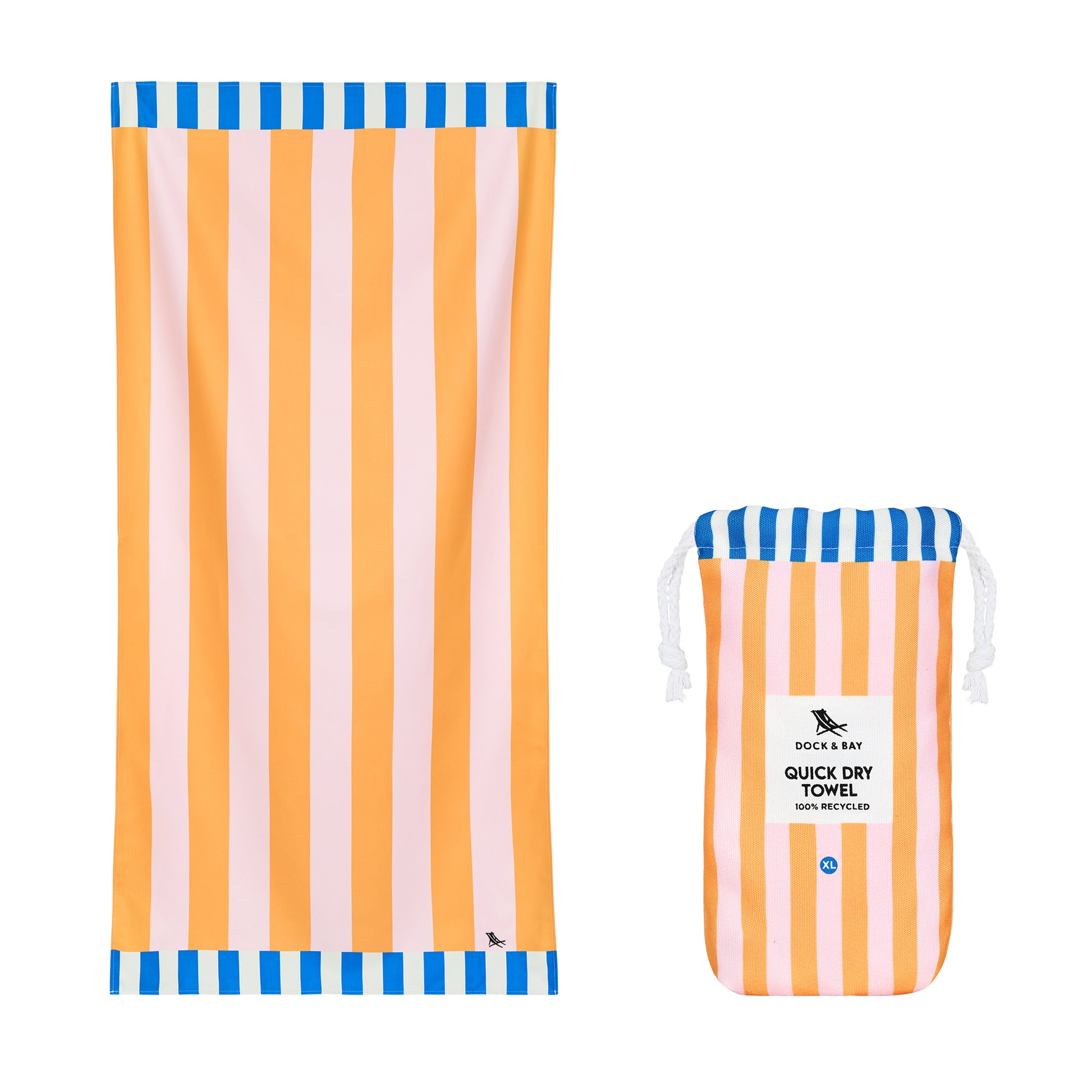 Towel and pouch from Dock & Bay Beach Towel Clubhouse Collection XL Mellow Yellow - oversized quick-dry beach towel with yellow multicolored stripes, 200x90cm, lightweight compact recycled microfiber blend, sand-resistant and fast-drying, includes matching travel pouch