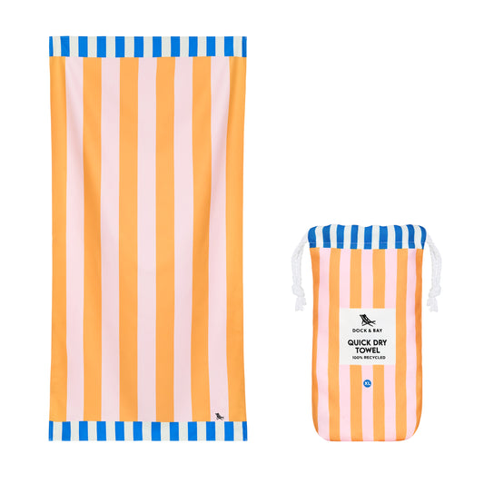 Towel and pouch from Dock & Bay Beach Towel Clubhouse Collection XL Mellow Yellow - oversized quick-dry beach towel with yellow multicolored stripes, 200x90cm, lightweight compact recycled microfiber blend, sand-resistant and fast-drying, includes matching travel pouch