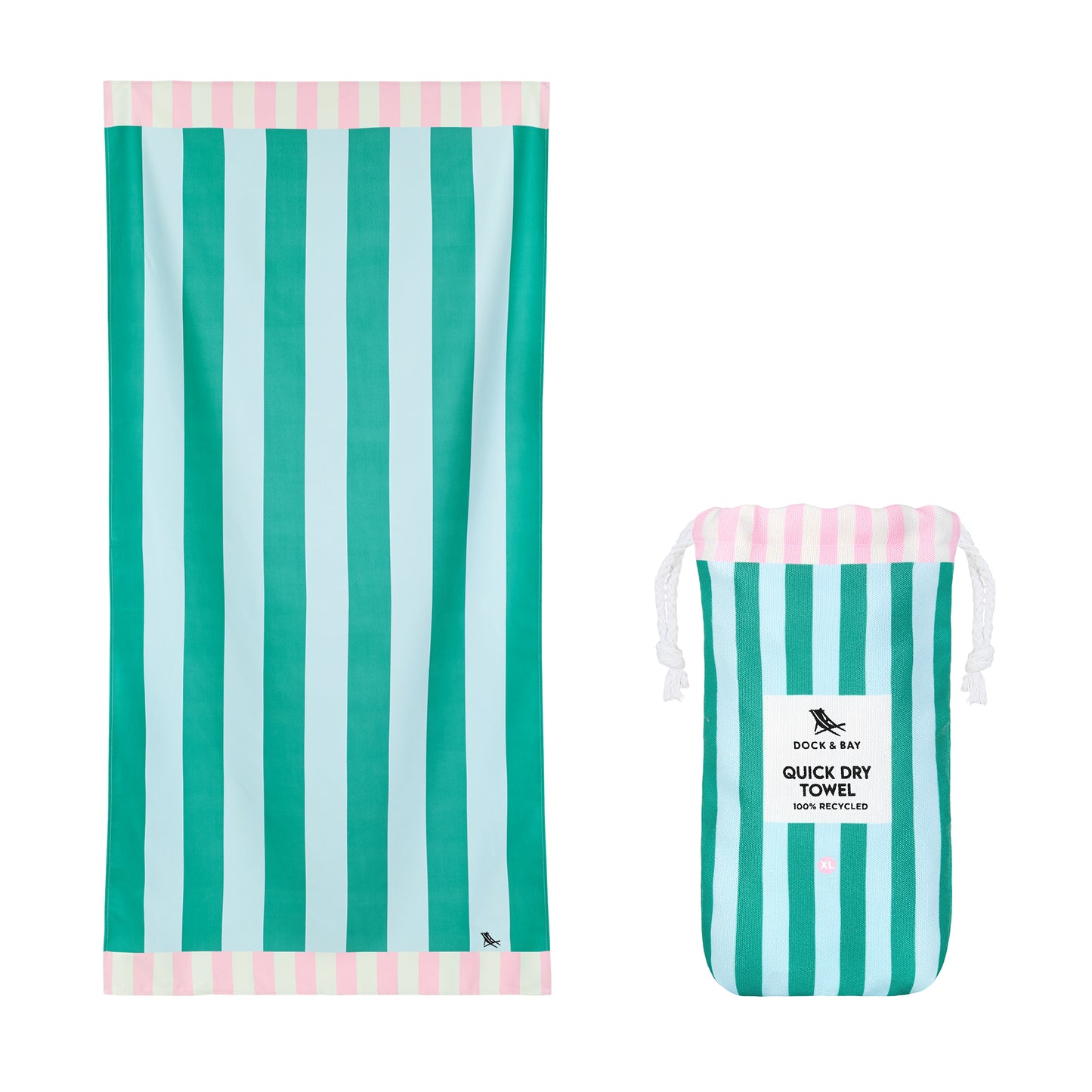 Towel and pouch from Dock & Bay Beach Towel Clubhouse Collection XL Pastel Pier - oversized quick-dry beach towel with pastel multicolored stripes, 200x90cm, lightweight compact microfiber blend, sand-resistant, made from 100% recycled materials, includes handy pouch