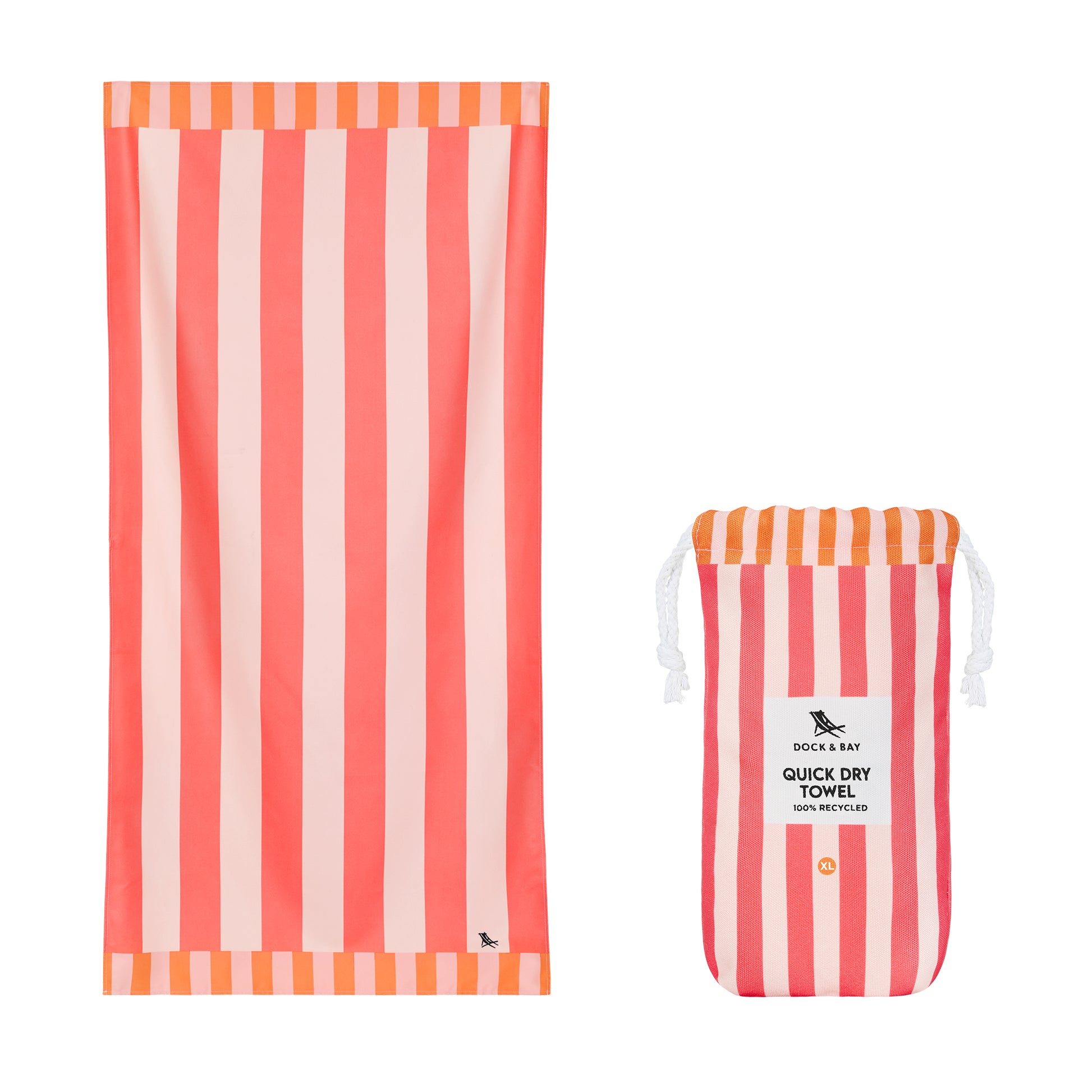 Towel and pouch container from Dock & Bay Beach Towel Clubhouse Collection XL Raspberry Road - oversized quick-dry beach towel, multicolored stripe design, 200x90cm, lightweight compact microfiber blend, 100% recycled materials, includes handy pouch