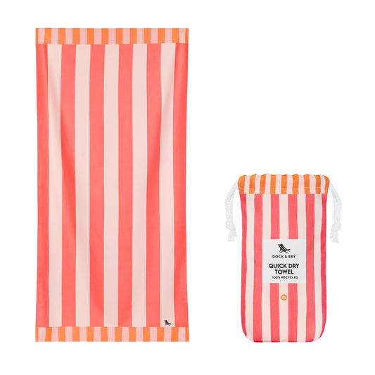 Towel and pouch container from Dock & Bay Beach Towel Clubhouse Collection XL Raspberry Road - oversized quick-dry beach towel, multicolored stripe design, 200x90cm, lightweight compact microfiber blend, 100% recycled materials, includes handy pouch