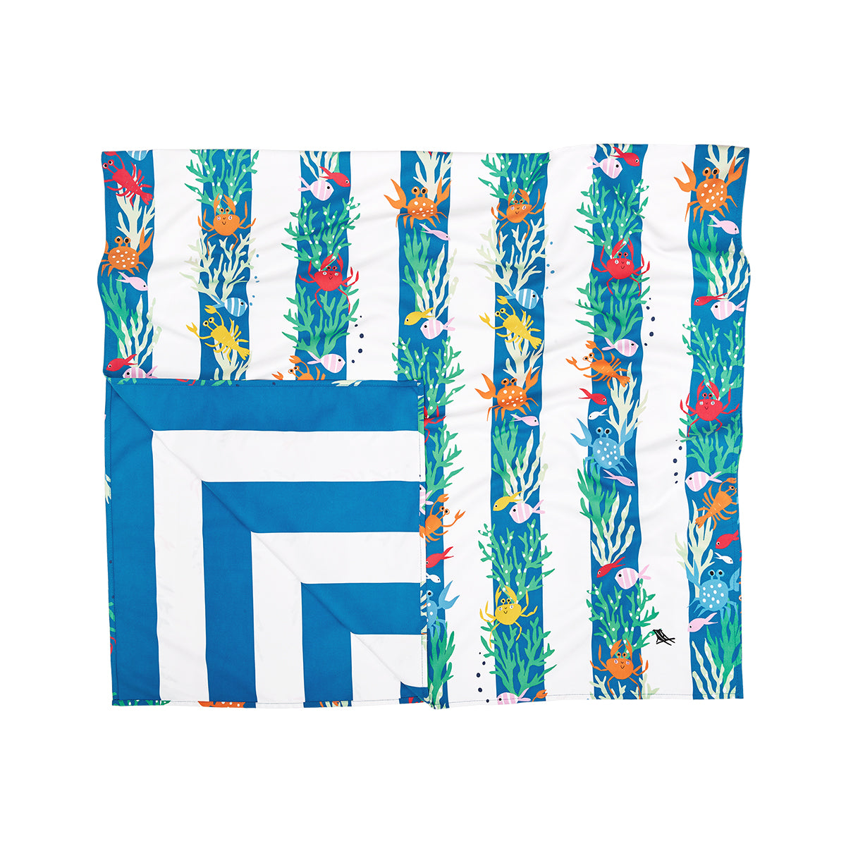 Dock and Bay kids beneath the reef M beach towel folded in half showing blue stripe underside