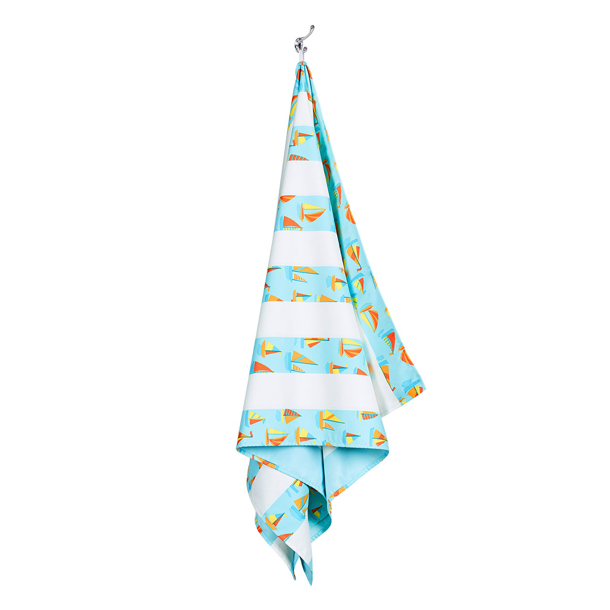 Dock and Bay kids oh-bouy M beach towel hanging on a hook