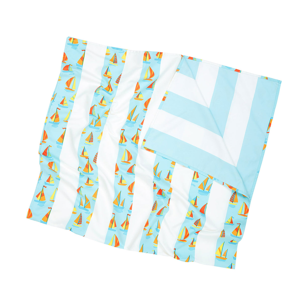 Dock and Bay kids oh-bouy M beach towel folded in half showing blue stripe underside