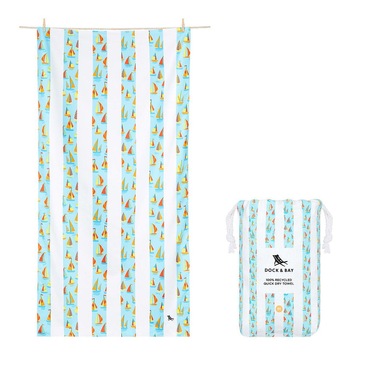 Dock and Bay kids oh-bouy M beach towel open and hanging next to canvas pouch