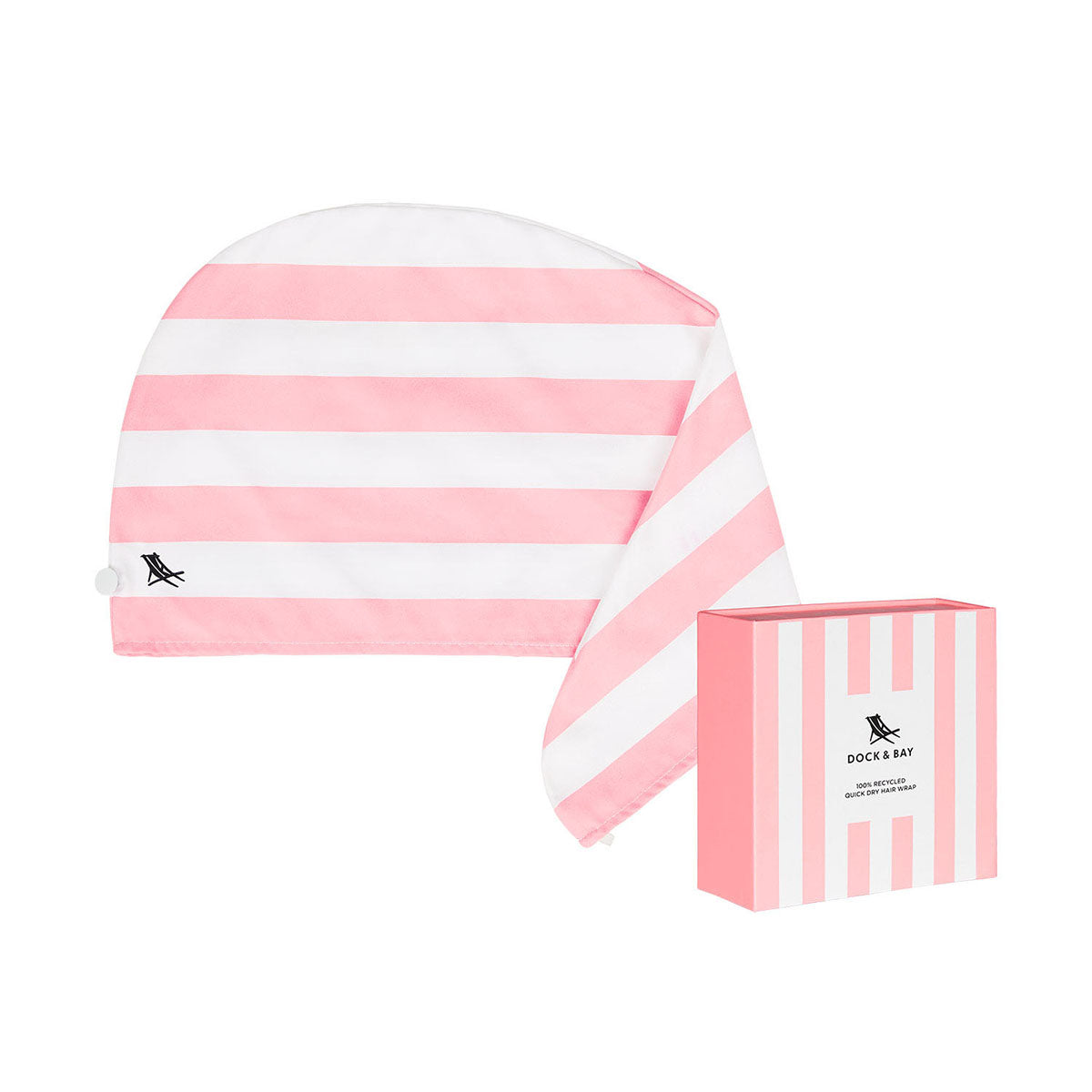 Dock and Bay Malibu pink cabana stripe hair wrap laid flat with tip folded over next to box on white background