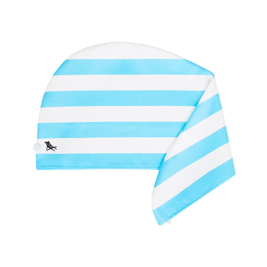 Dock and Bay Tulum Blue cabana stripe hair wrap laid flat with tip folded over on white background