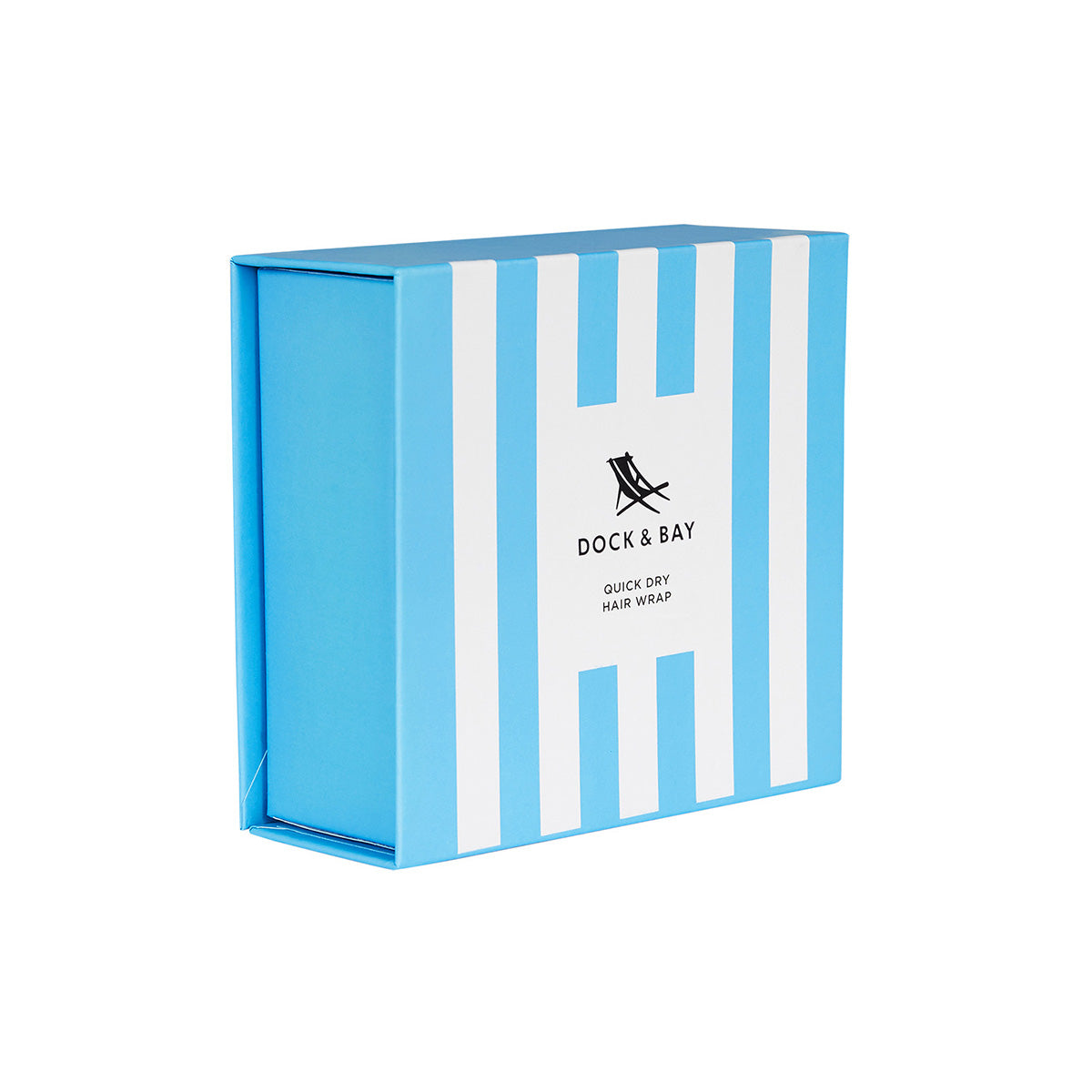 Close up of box of Dock and Bay Tulum Blue cabana stripe box on an angle