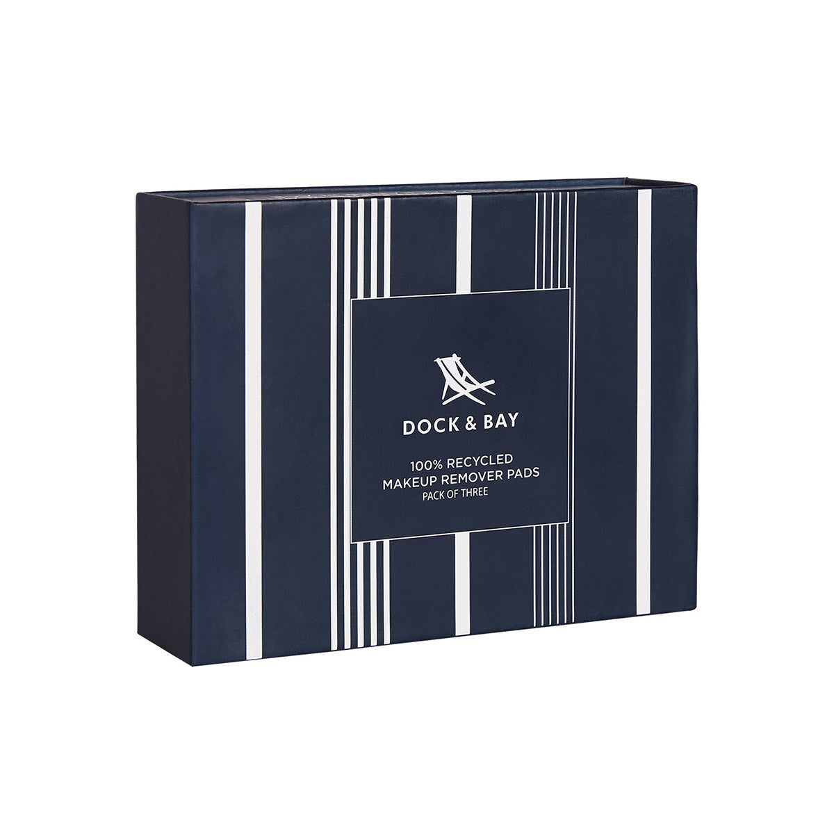 Close up of navy dock and bay makeup wipes set of 3 packaging on a white background