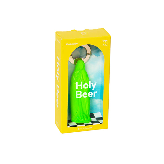 Doiy green holy beer bottle opener in packaging with white background