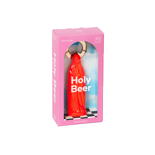 Doiy orange holy beer bottle opener in packaging with white background
