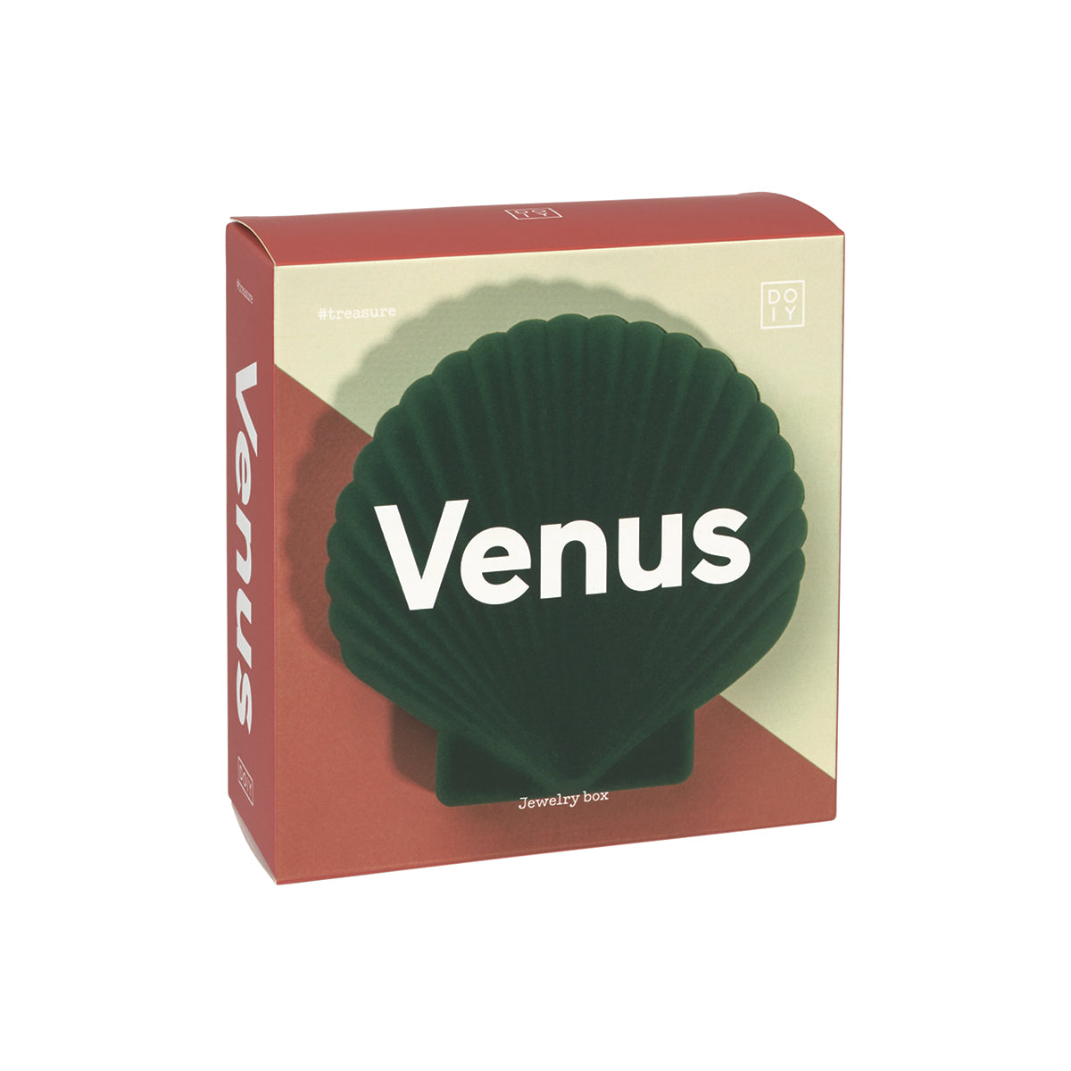 Close up of DOIY green velvet venus jewelry box packaging on white background