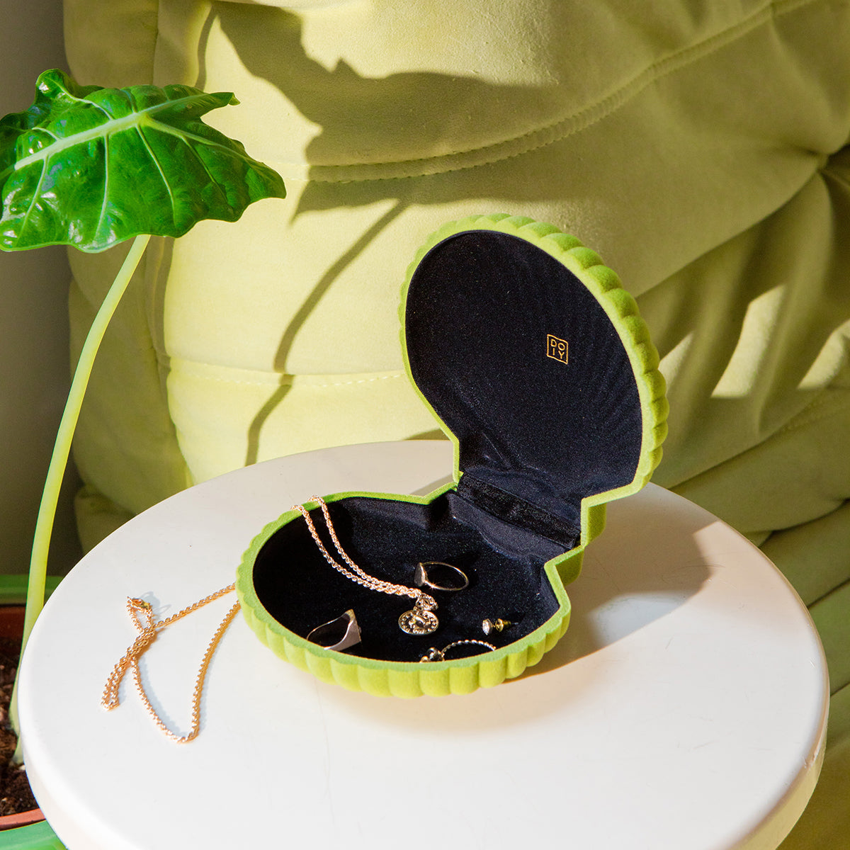 Open DOIY light green velvet venus jewelry box filled with jewels on white round side table 