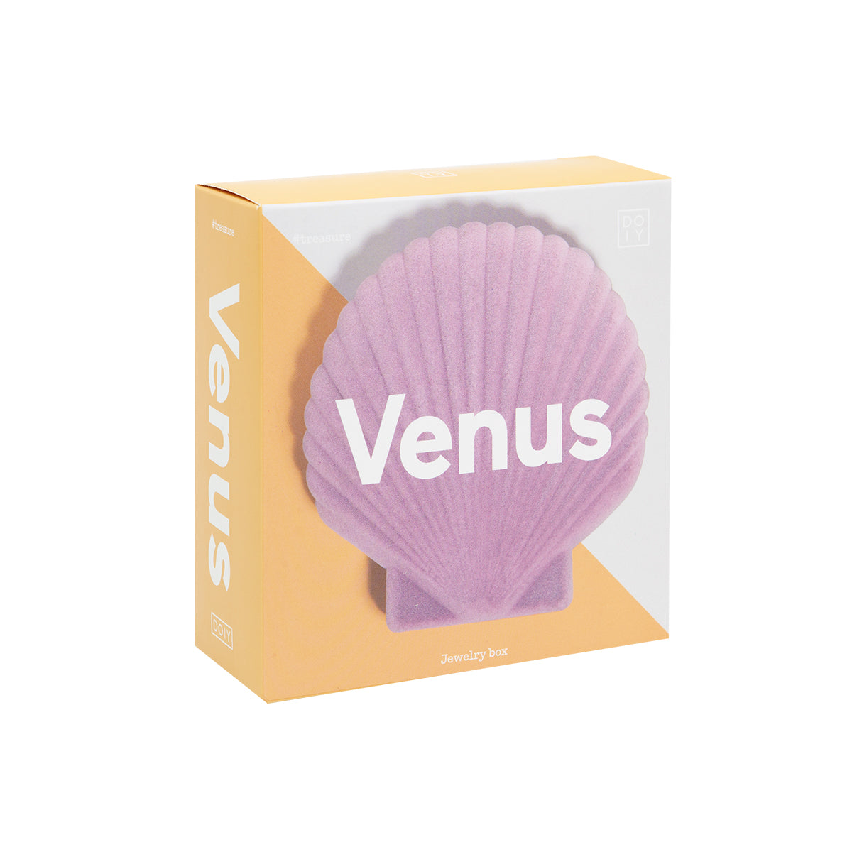 Close up of DOIY lilac velvet venus jewelry box packaging on white background