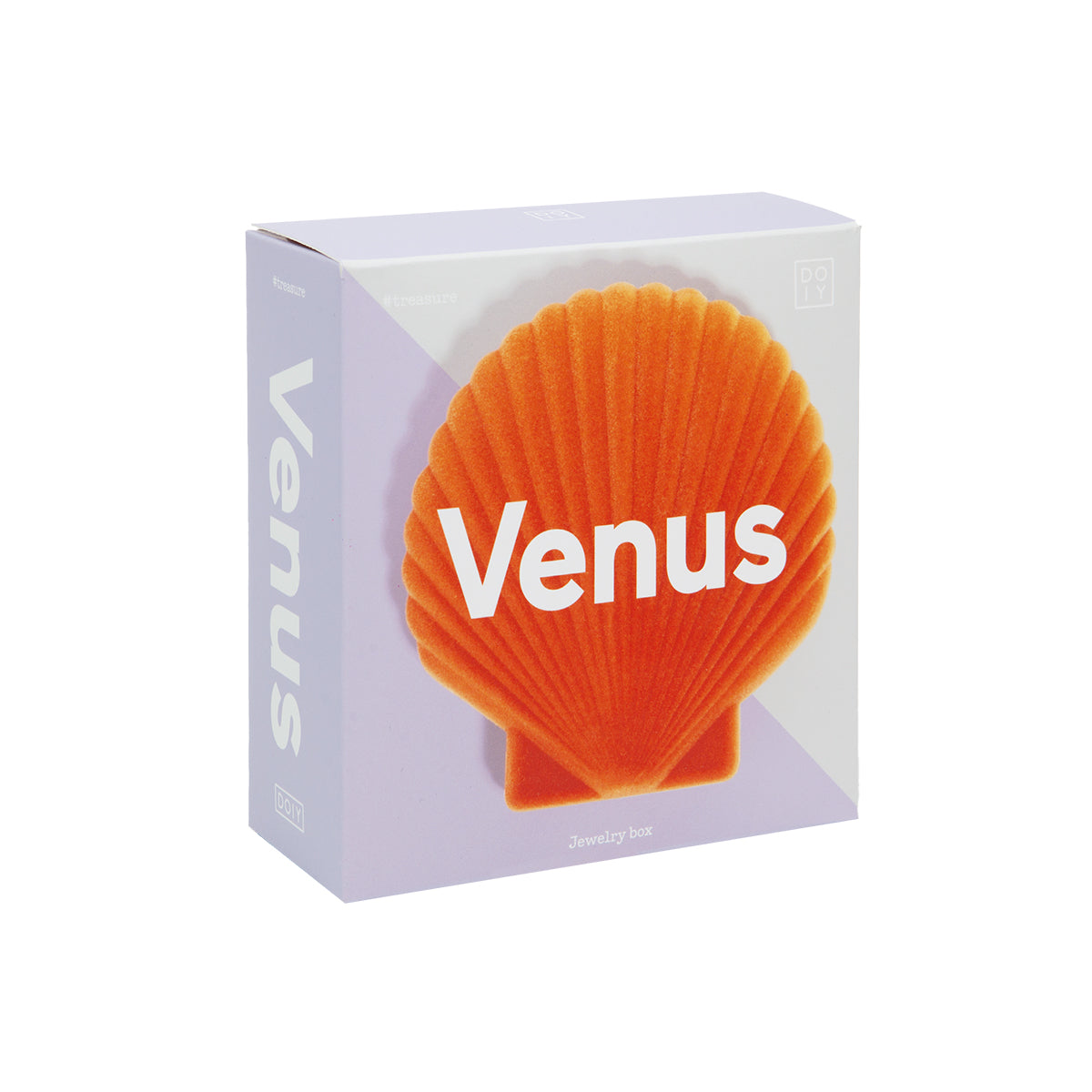 Close up of DOIY orange velvet venus jewelry box packaging on white background