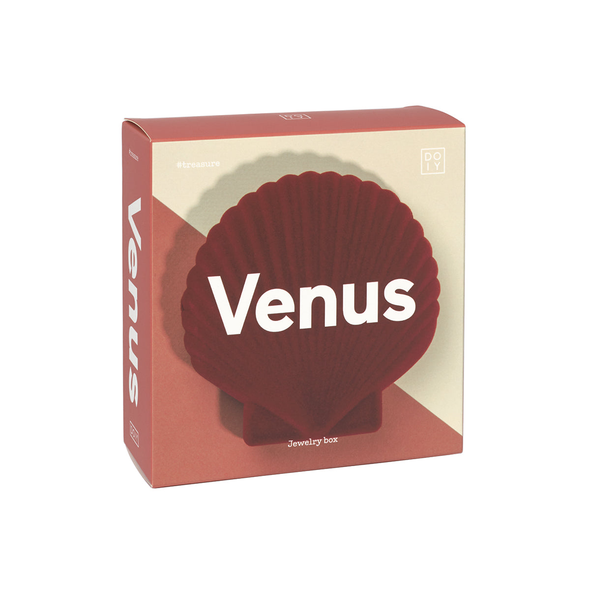 Close up of DOIY red velvet venus jewelry box packaging on white background