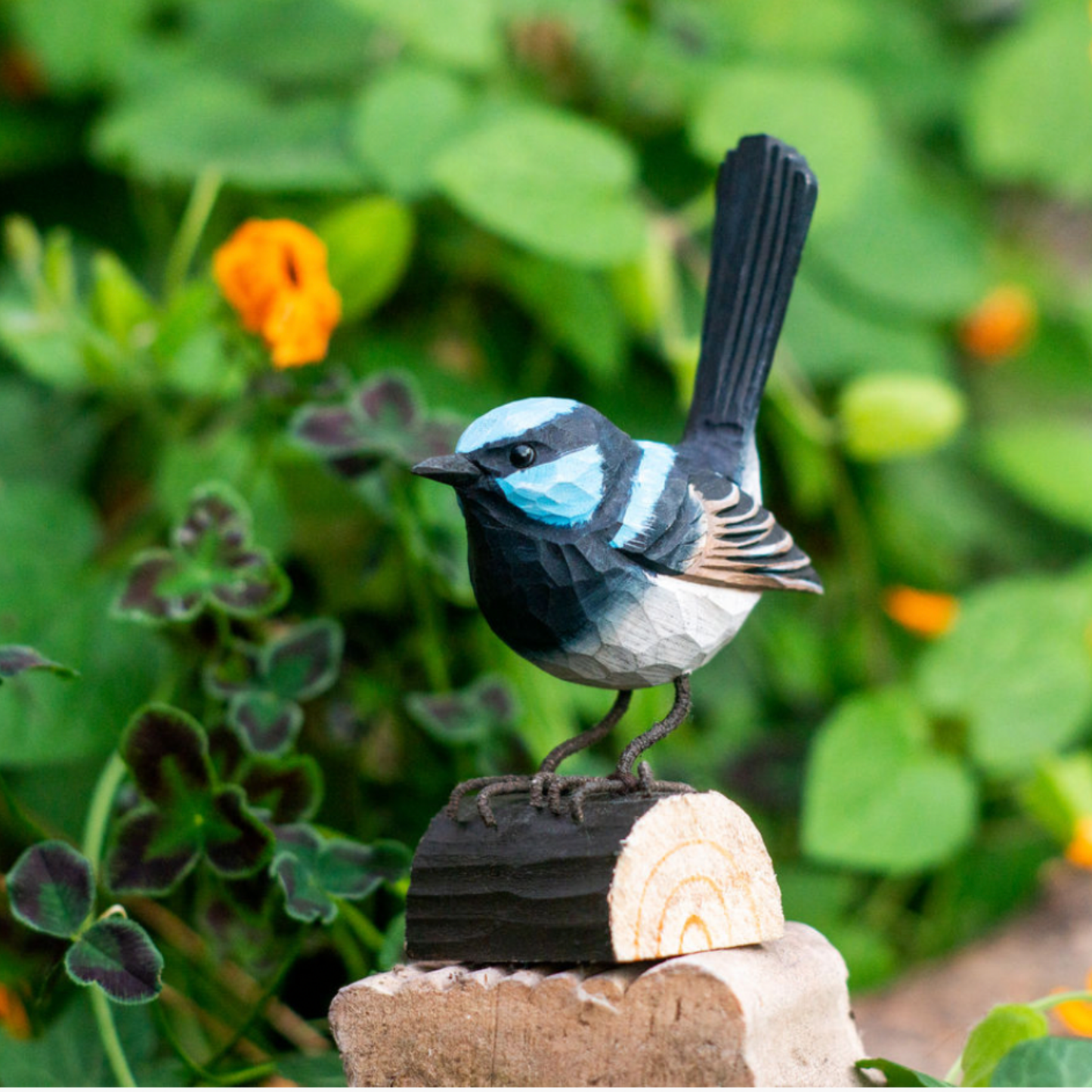 Close up of Wildlife Garden Deco Bird Small Superb Fairy Wren styled outdie in garden 