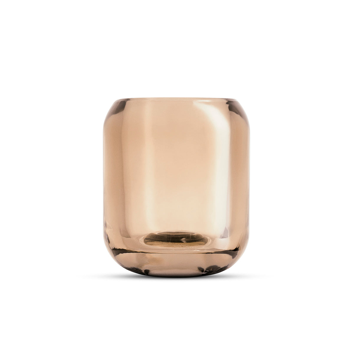 Close-up of glass Acorn tealight holder by Eva Solo, in Amber colour.