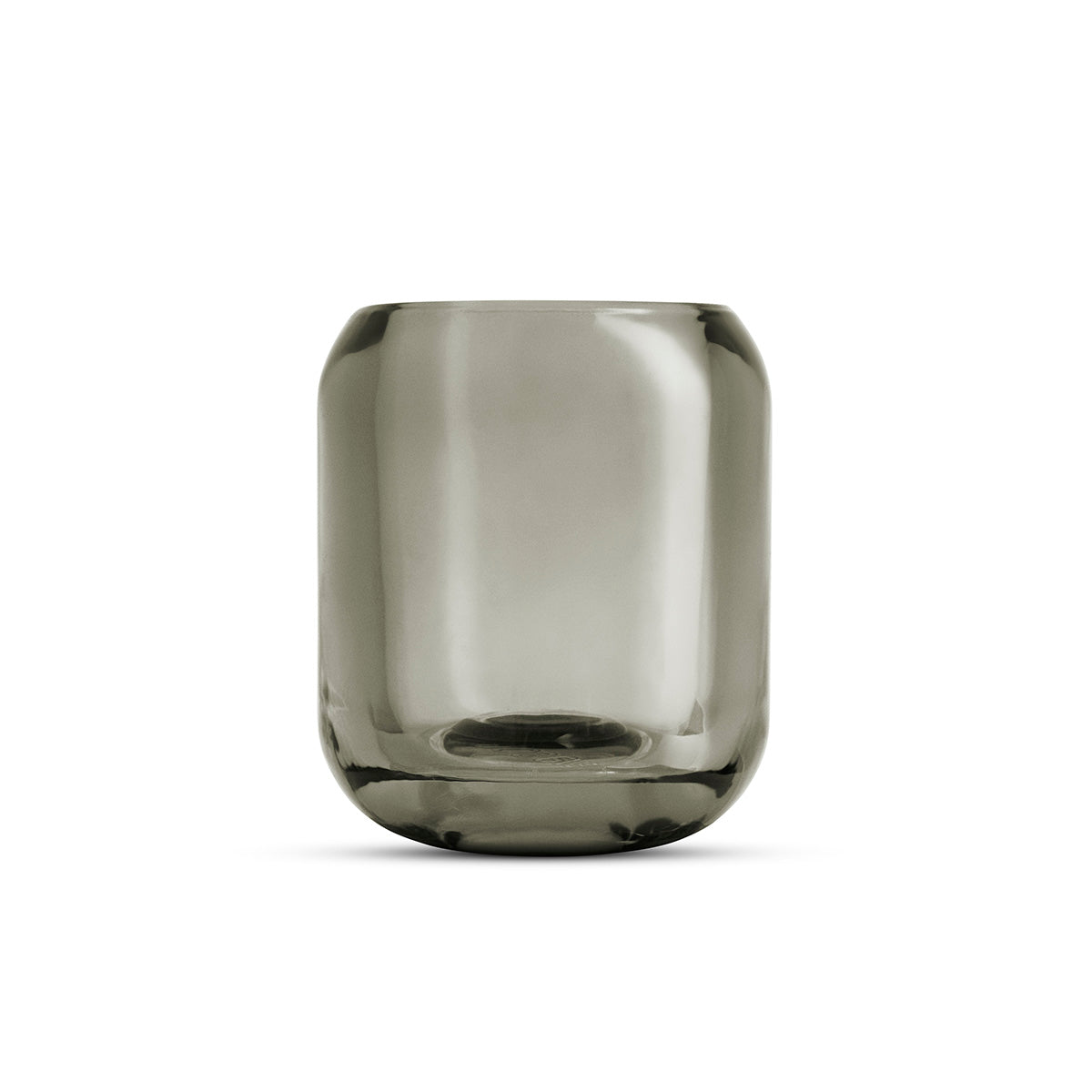 Close-up of glass Acorn tealight holder by Eva Solo, in stone grey colour.