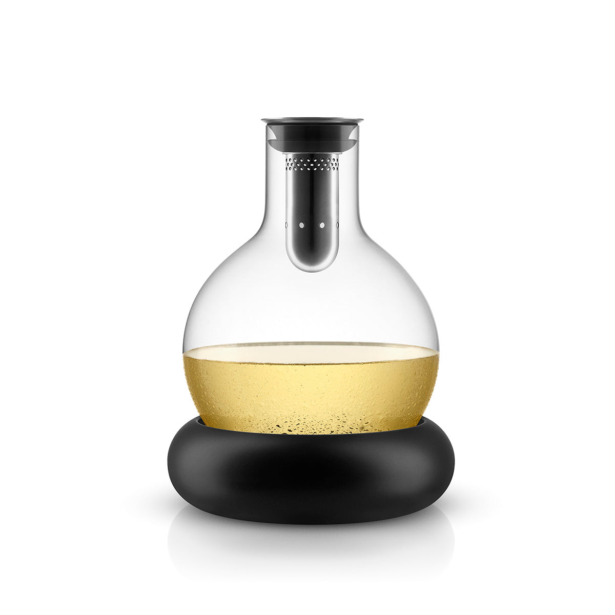 Bulb shaped Cool Wine Decanter by Eva Solo resting on it's cooling base filled with white wine 