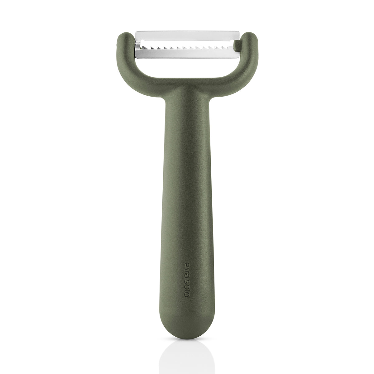 Front on image of Eva Solo green tool Julienne Peeler standing upright
