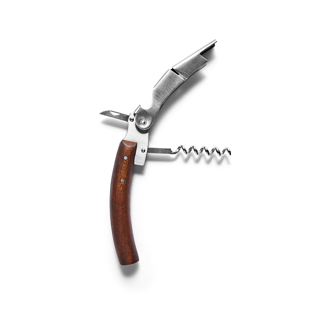 Open with the screw forward, Eva Solo Liquid Lounge waiter's corkscrew - brushed steel wine opener with oiled walnut handle, stainless steel worm, built-in foil cutter and bottle opener, compact two-step design.
