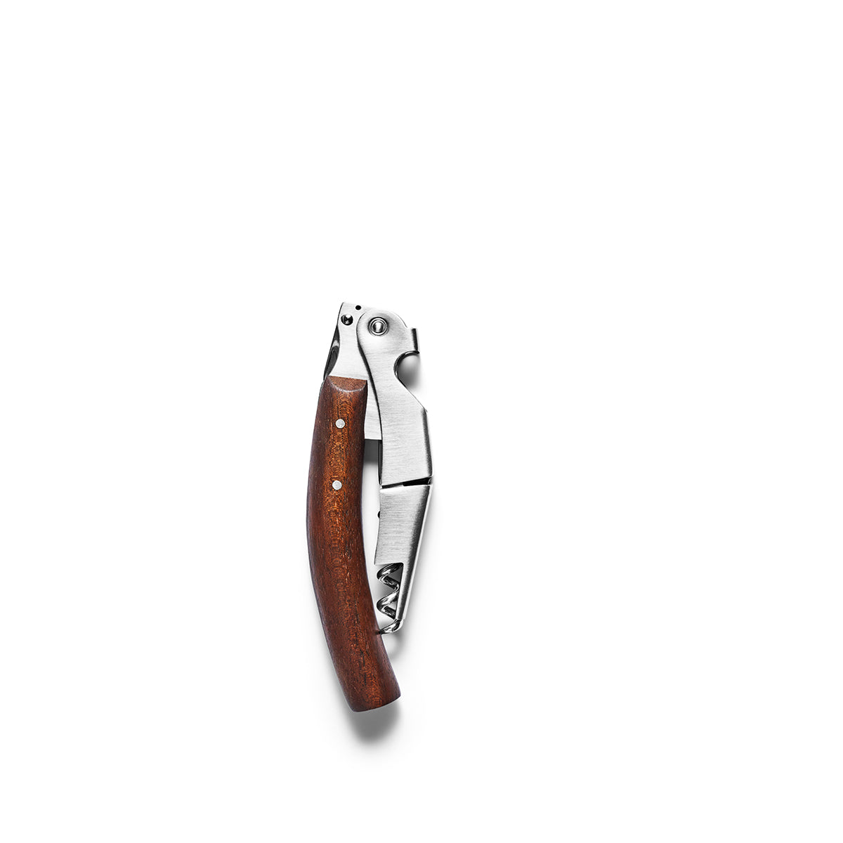 Close side view of Eva Solo Liquid Lounge waiter's corkscrew - brushed steel wine opener with oiled walnut handle, stainless steel worm, built-in foil cutter and bottle opener, compact two-step design.