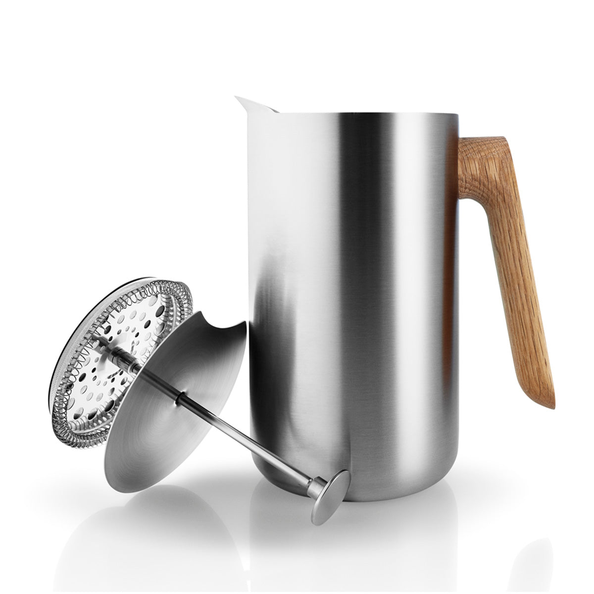side profile of Eva Solo Stainless Steel Thermo Cafetiere with oak handle with plunger resting outside