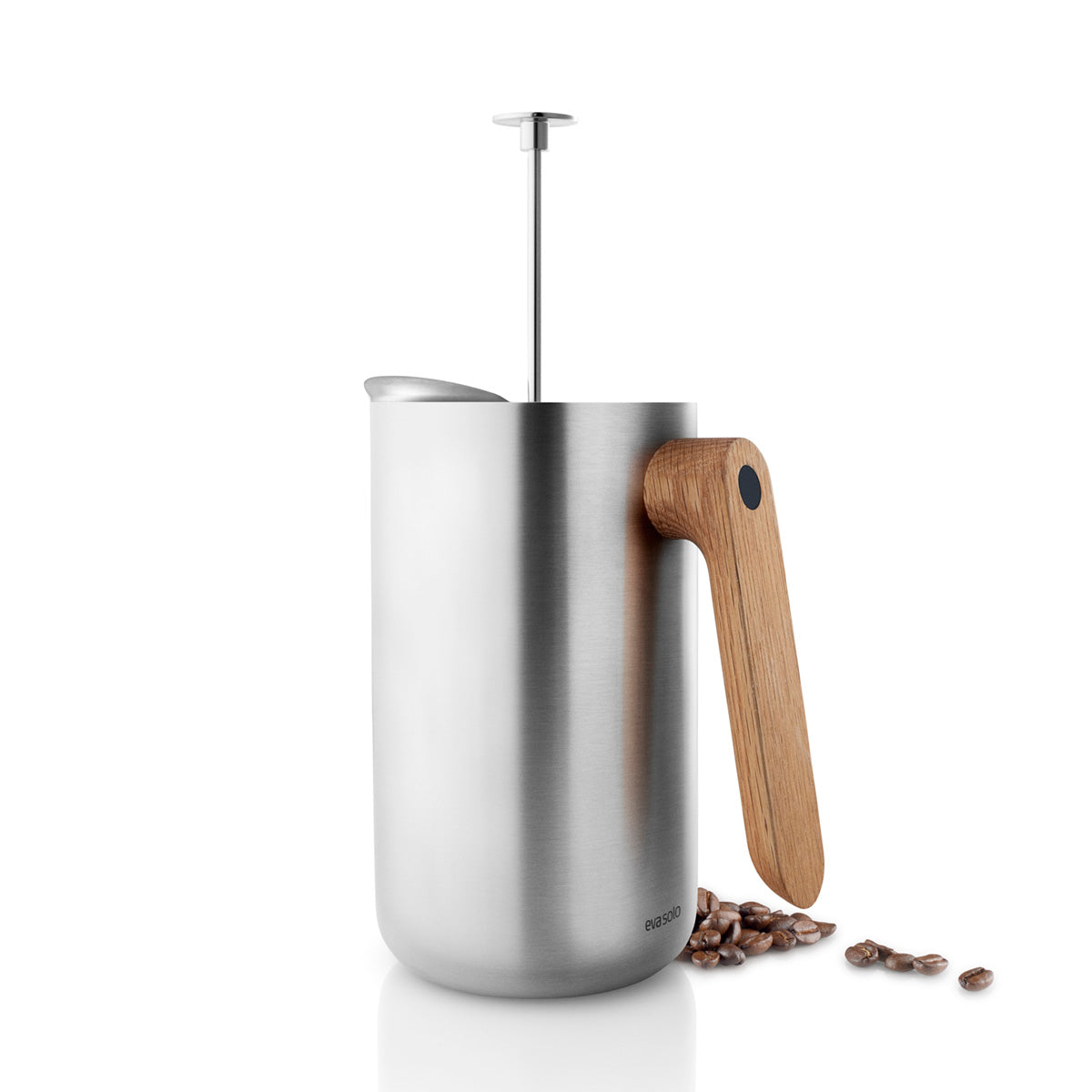 Back profile of Eva Solo Stainless Steel Thermo Cafetiere with oak handle with plunger handle extended and coffee beans