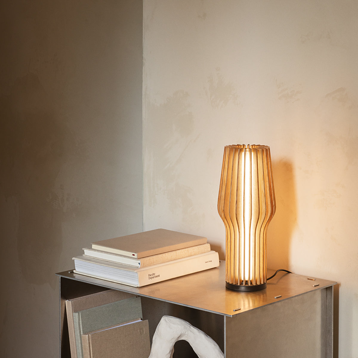 Eva Solo Radiant Rechargeable Table Lamp Oak on its stand sitting on a side board with books
