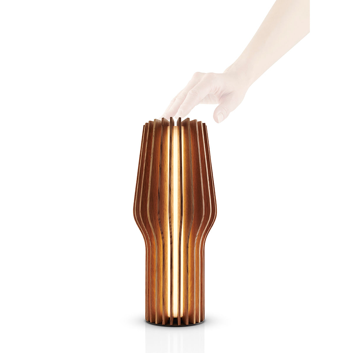 Eva Solo Radiant Rechargeable Table Lamp Oak being tapped on.