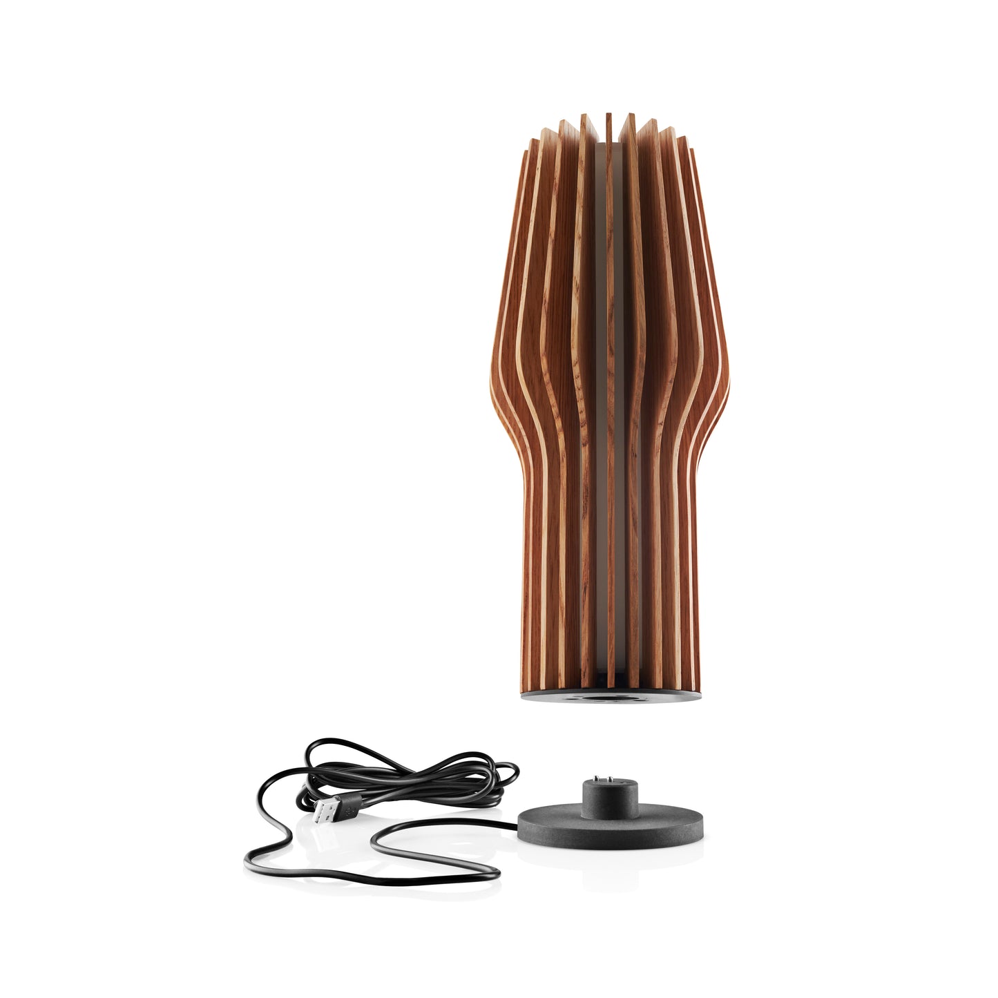 Eva Solo Radiant Rechargeable Table Lamp Oak shown with rechargeable base placed below.