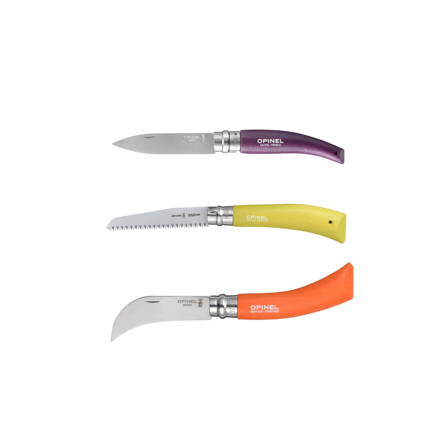 Opinel Garden Tools 3pc Box Set unfolded with Saw No12, Gardening knife No8 and Pruning knife No8