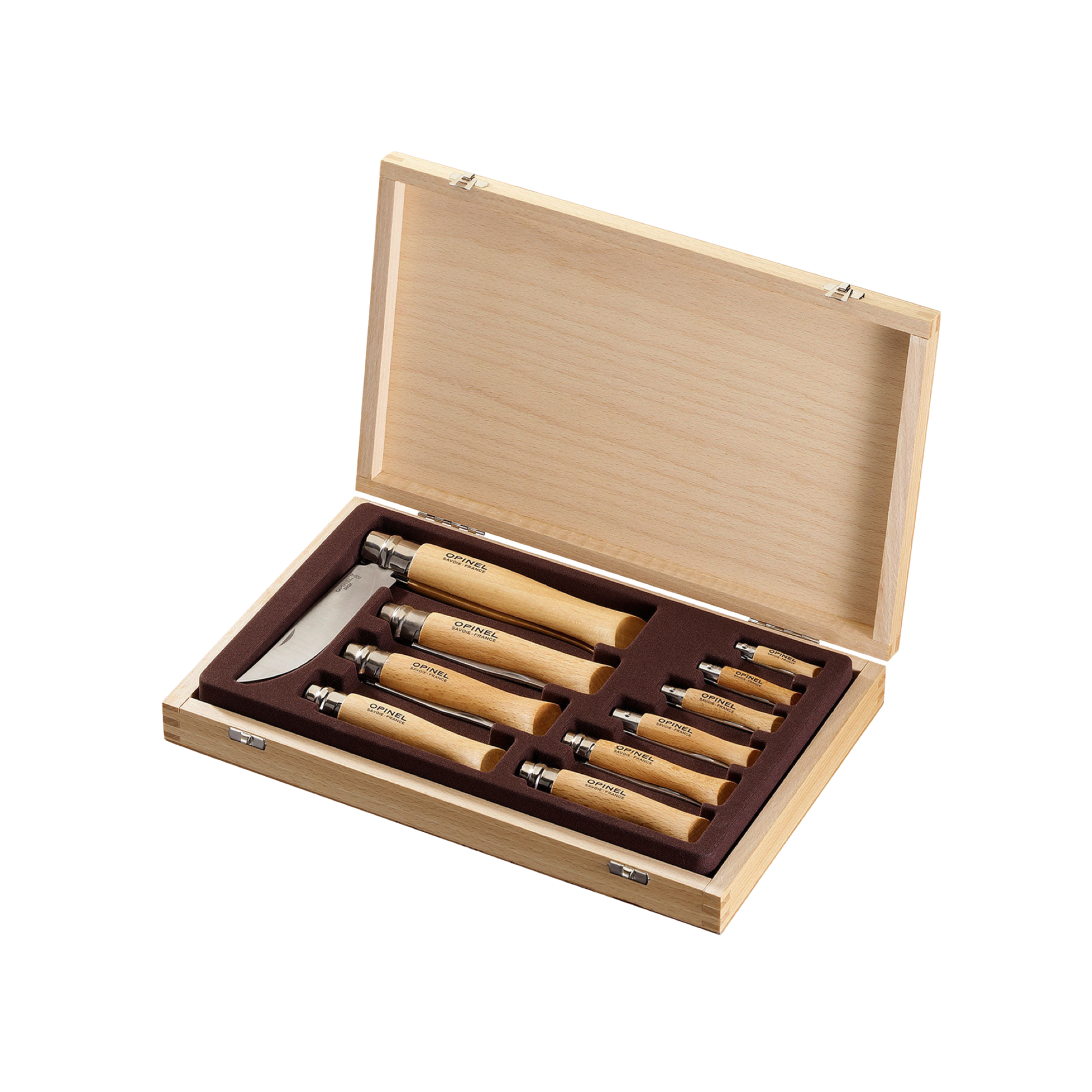 Gift Box Set of Opinel 10 Traditional Folding Knives Carbon Steel Beech in wooden gift box
