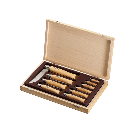 Gift Box Set of Opinel 10 Traditional Folding Knives Carbon Steel Beech in wooden gift box