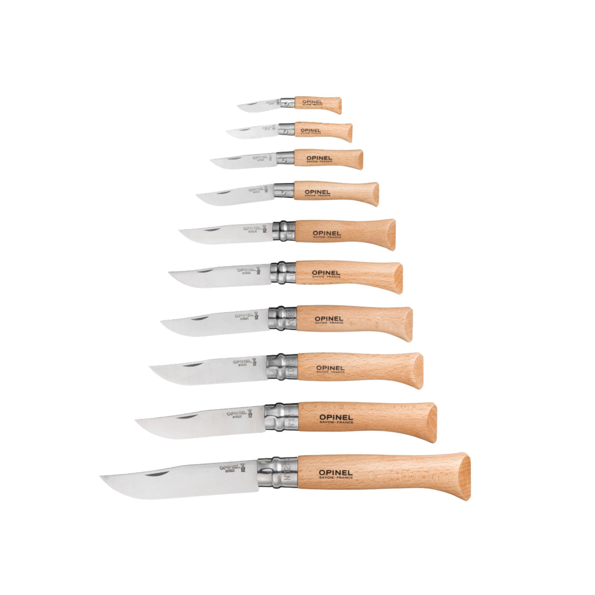 Gift Box Set of Opinel 10 Traditional Folding Knives Carbon Steel Beech out of box in numerical blade order
