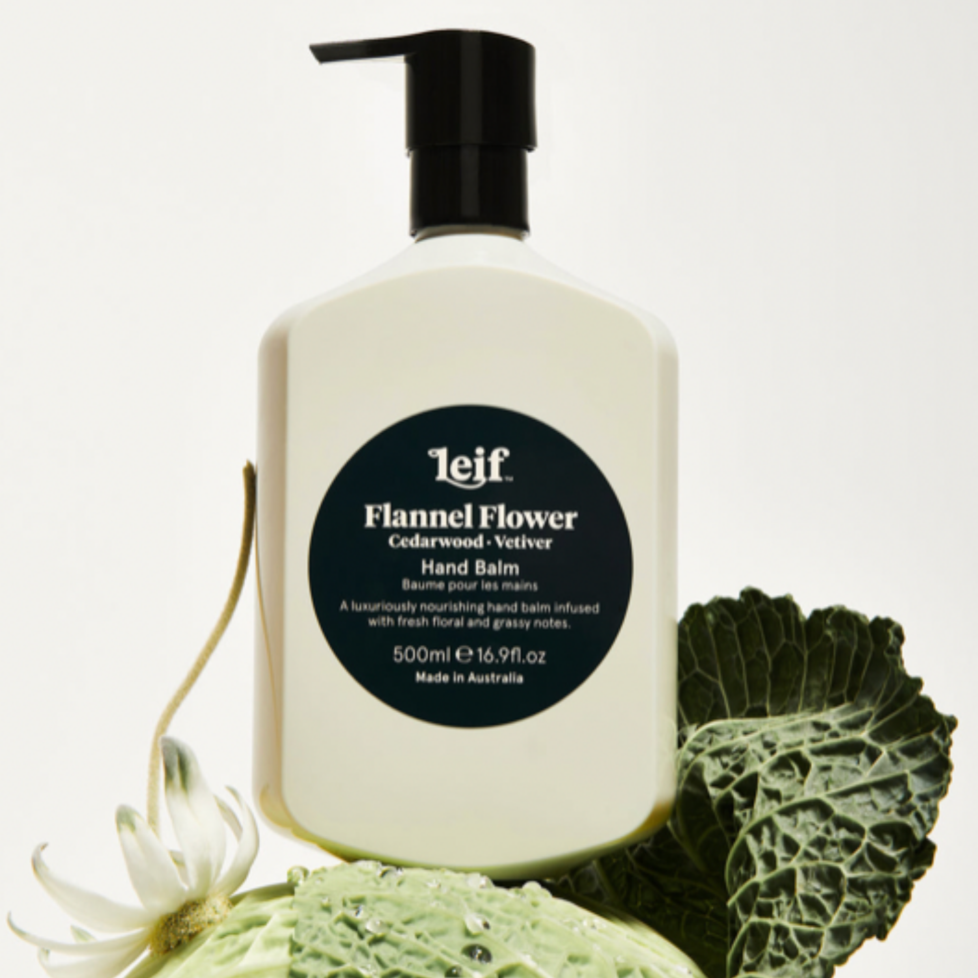Leif hand balm 500ml Flannel Flower positioned on a flower