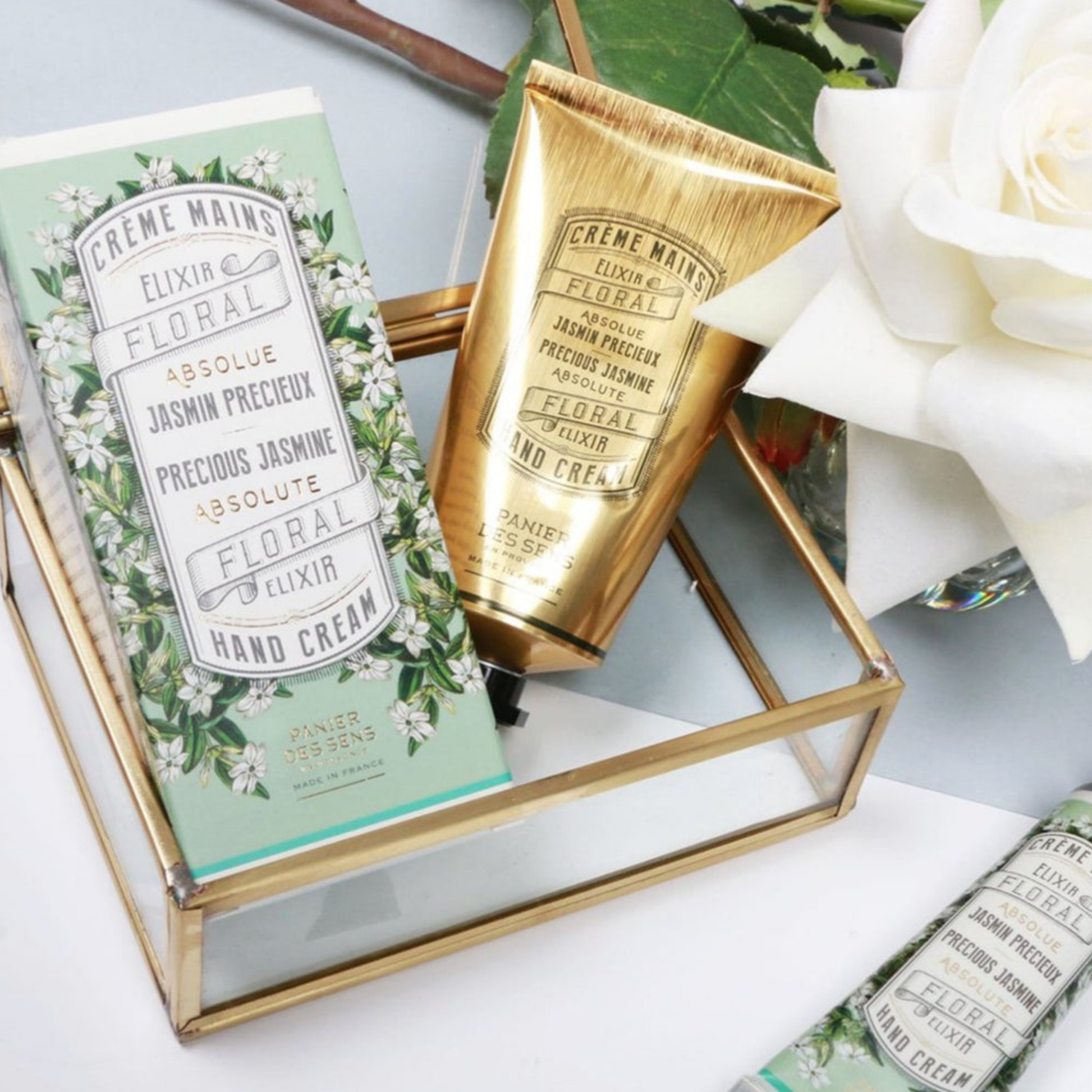 Panier Des Sens Hand Cream 75ml Jasmine in glass box on display with tube and box side by side